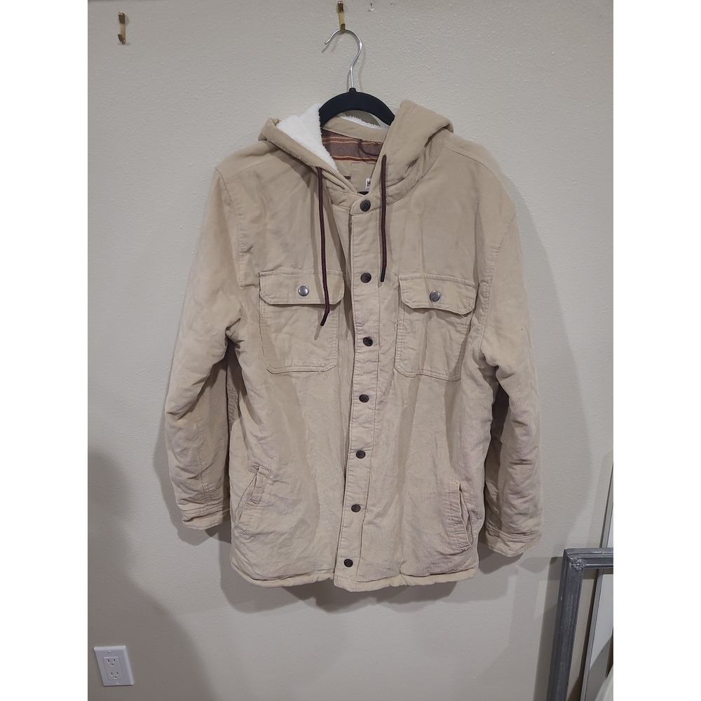 Vintage style Hang Ten Men's SZ L  beige corduroy hooded jacket Flannel lined